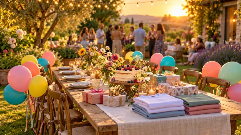 Table d'anniversaire dressée dans un jardin pour les 40 ans d'un homme, avec gâteau, ballons, cadeaux emballés et t-shirts pliés, invités flous en arrière-plan