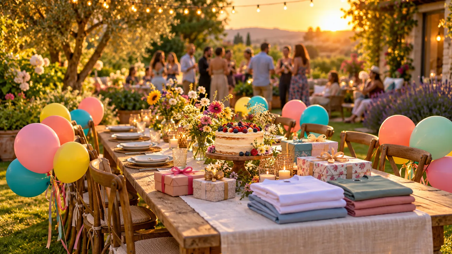 Table d'anniversaire dressée dans un jardin pour les 40 ans d'un homme, avec gâteau, ballons, cadeaux emballés et t-shirts pliés, invités flous en arrière-plan