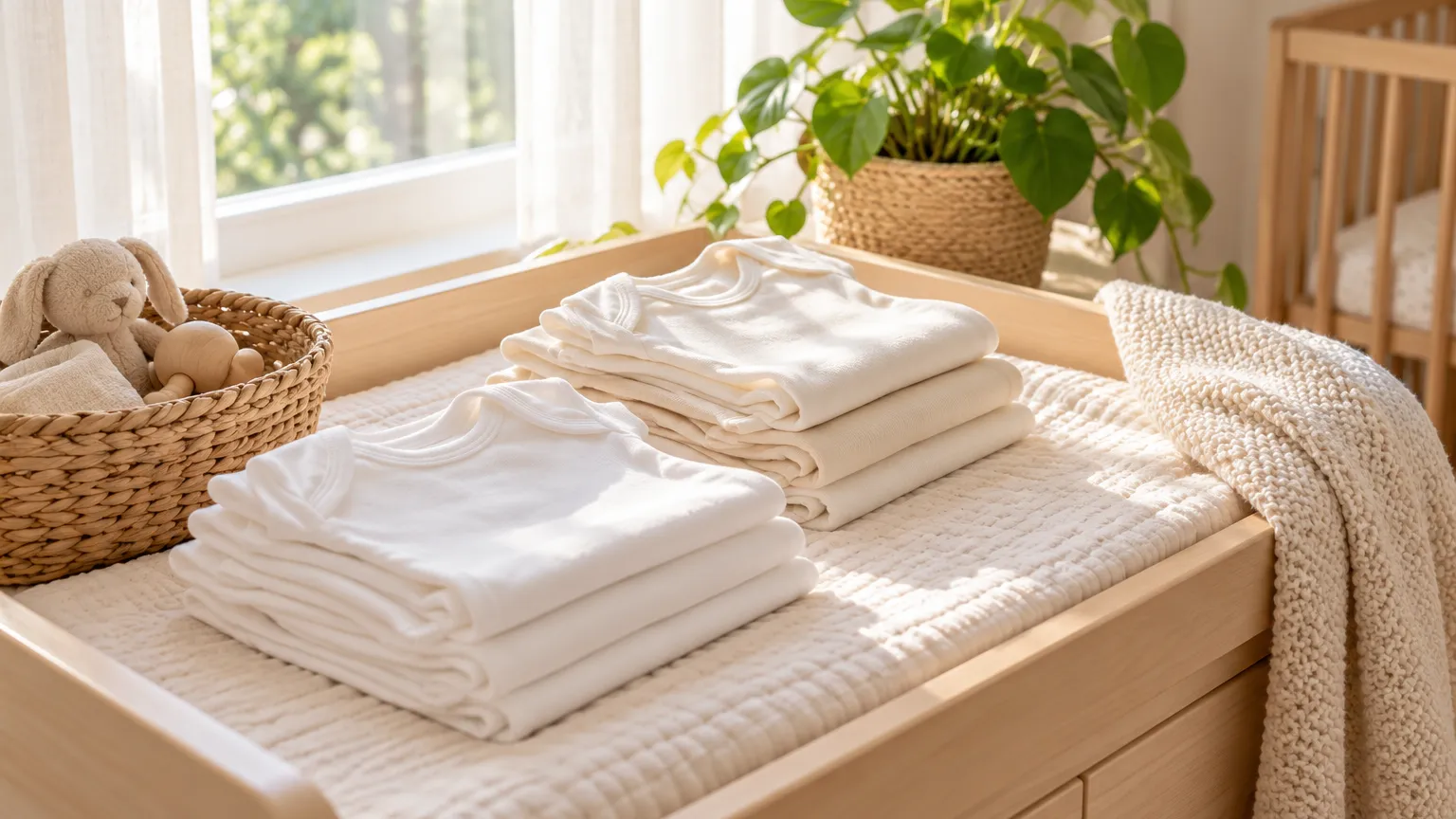 Coin de chambre de bébé lumineux avec une table à langer en bois clair, des bodies en coton bio blancs et crème pliés, un panier tressé et une plante verte