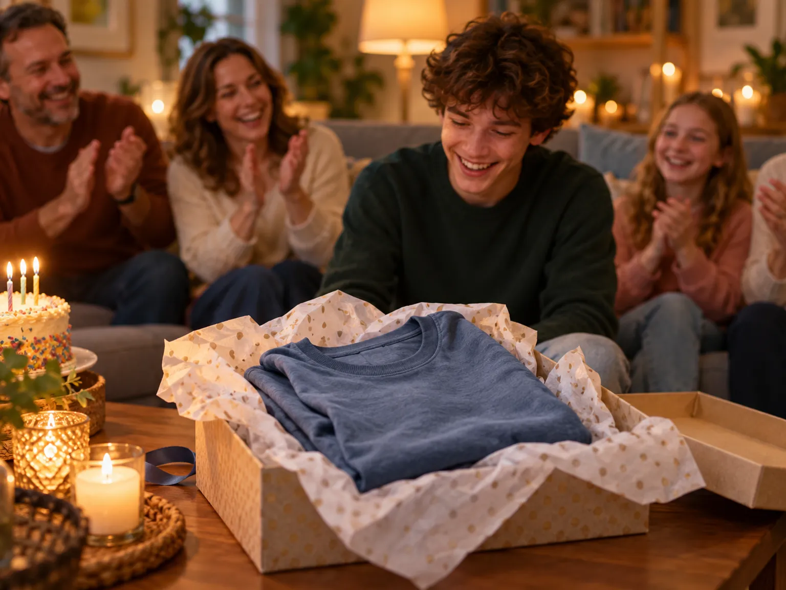 Salon pendant un anniversaire, paquet cadeau ouvert sur une table basse avec un t-shirt déplié, famille réunie et souriante en arrière-plan flou