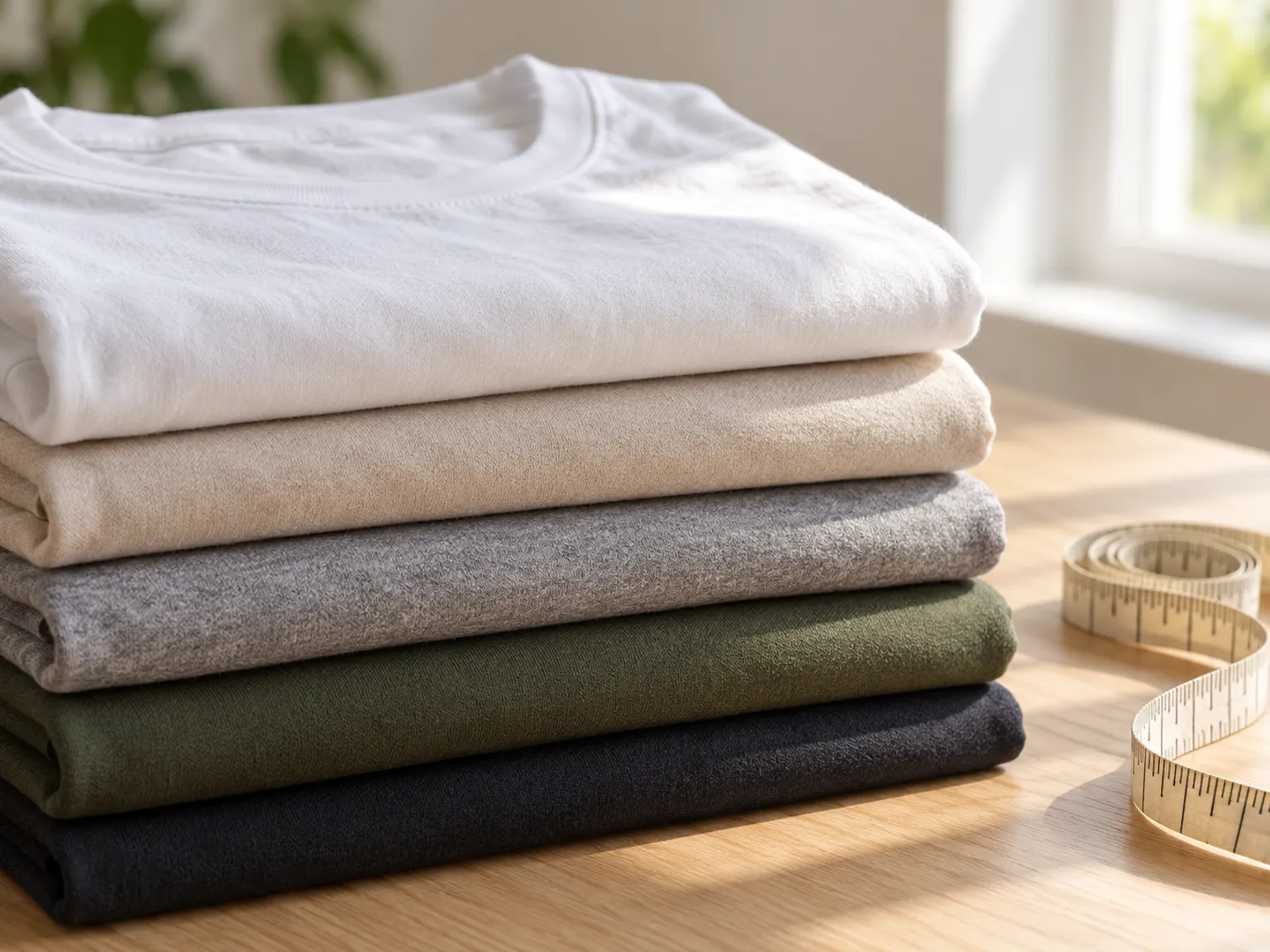 Gros plan sur une pile de t-shirts en coton pliés de différentes couleurs, avec un mètre ruban de couturière posé à côté sur une table en bois