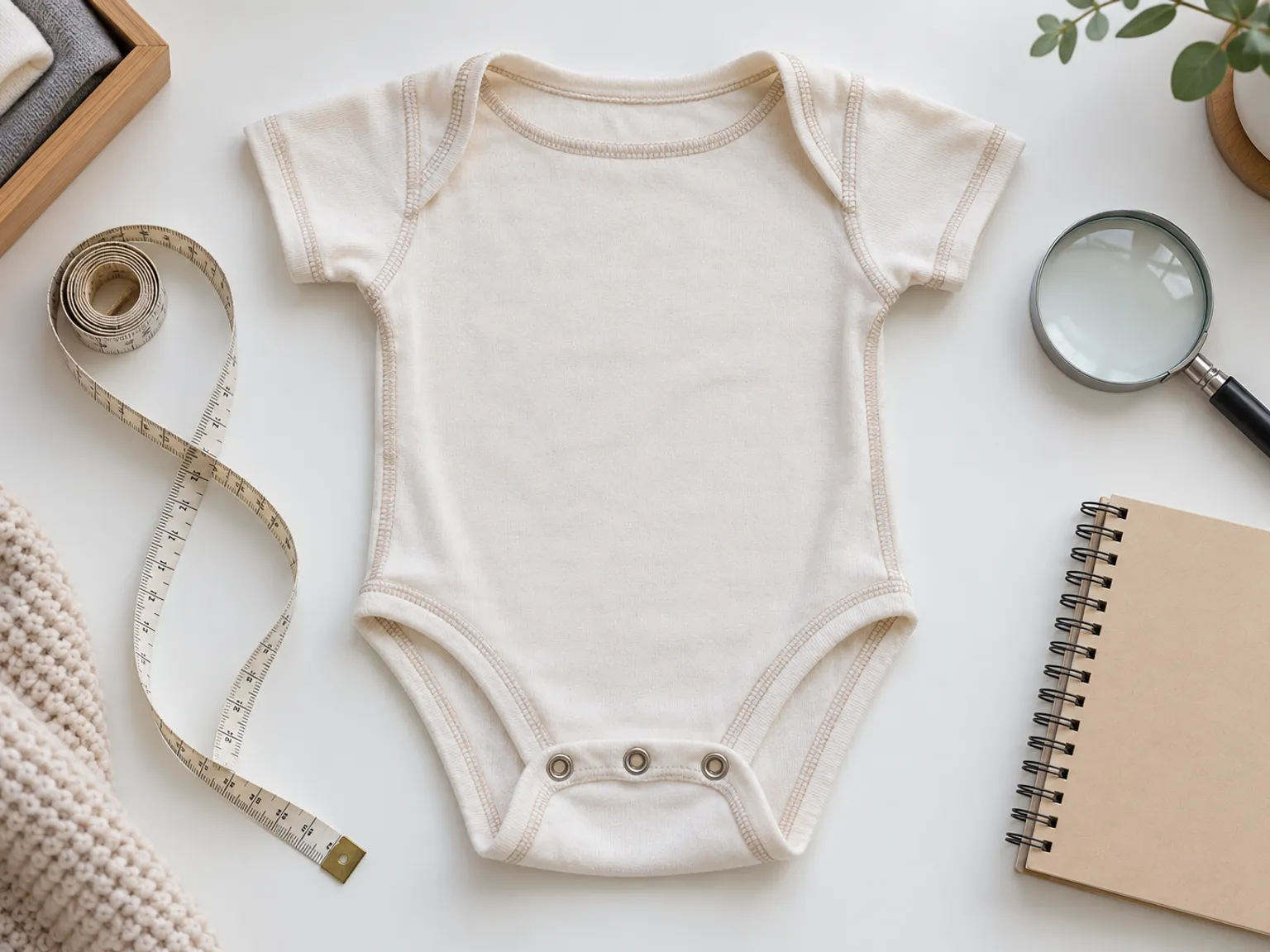 Body bébé retourné posé à plat sur une table d'inspection, coutures plates et pressions visibles, avec un mètre ruban et une loupe à côté
