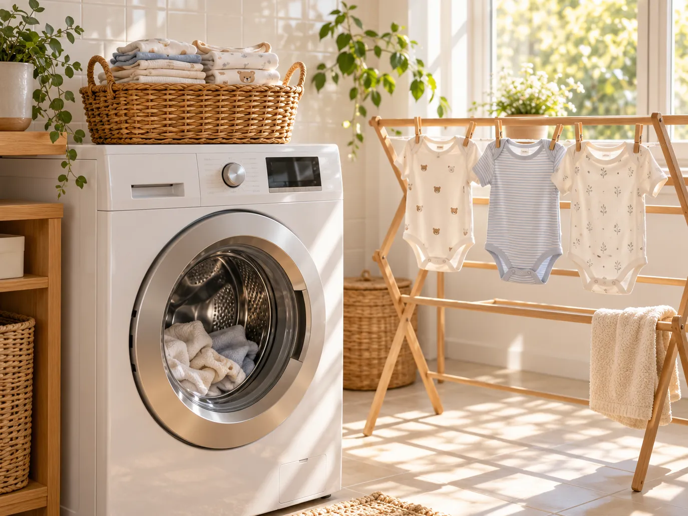 Coin buanderie ensoleillé avec un lave-linge, un panier de petits bodies pliés et des bodies de bébé qui sèchent sur un étendoir en bois